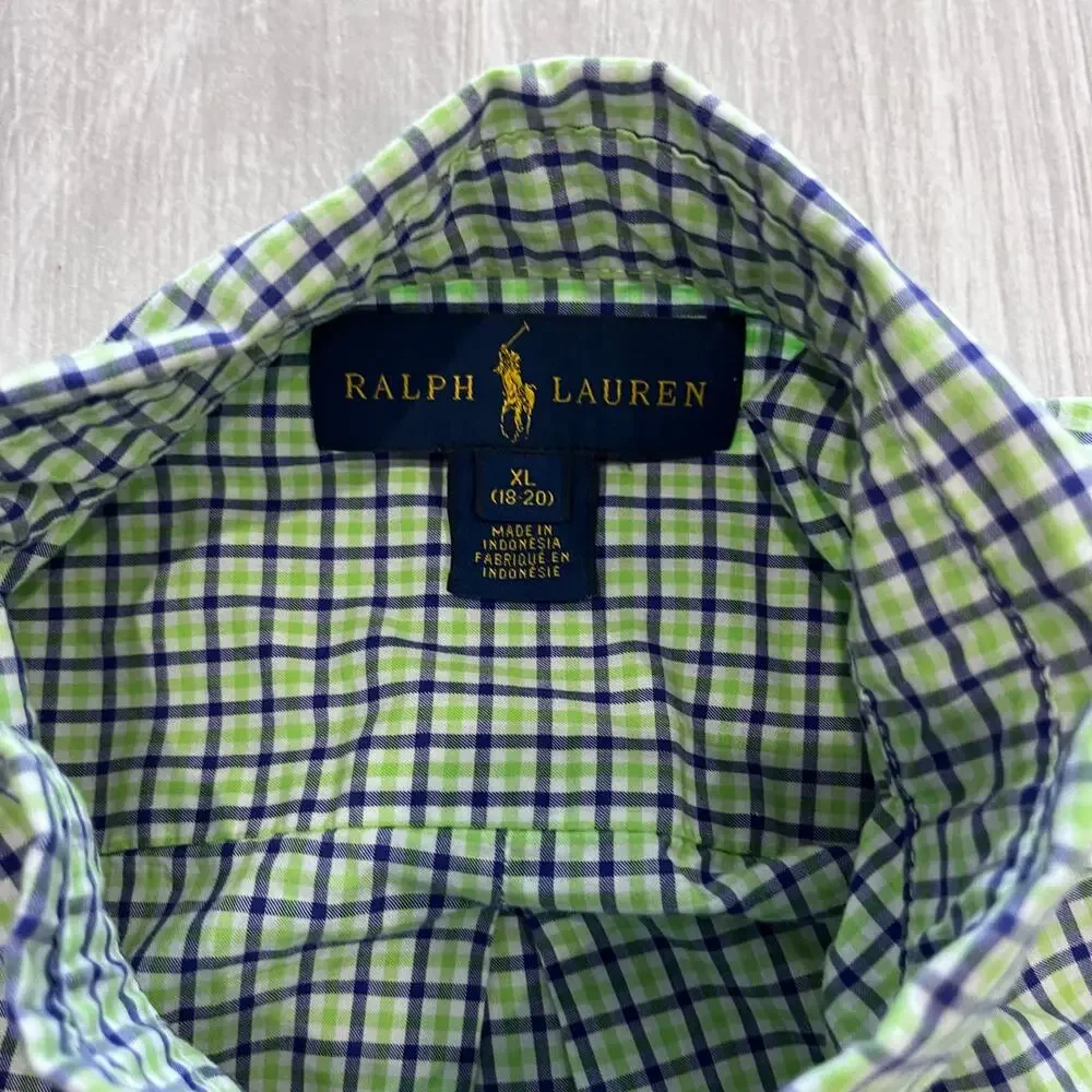 Ralph Lauren Boy's XL Green Blue White Plaid Long Sleeve Button Down Dress Shirt